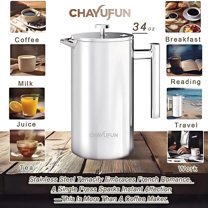 Premium Stainless Steel French Press Coffee Maker (5 Pack Filter)- 34oz/1L Thermal Insulated, 304 Rust-Proof Metal Press - Heat-Resistant Ergonomic Handle BPA Free(Dishwasher Safe)
