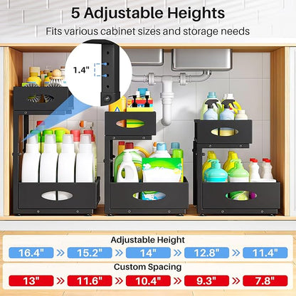 Under Sink Organizer, 2 Pack 2 Tier Pull Out Under Cabinet Organizer Shelf with Pad for Framed Cabinets, Metal Slide Out Under Sink Storage, Mesh Sliding Drawers for Kitchen Bathroom Laundry, Black