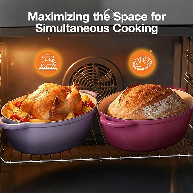 Oval Dutch Oven for Bread Baking, 4.5 Quart Non Stick Enameled Cast Iron Dutch Oven Pot with Lid, Oven Safe Oval Casserole with Lid up to 500°F for Baking, Braising, Stews, Roasting, Purple