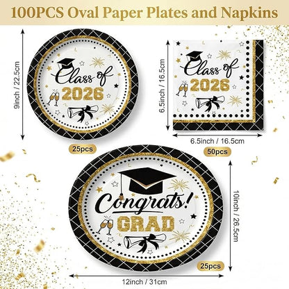 Dereinwo 100 PCS Graduation Paper Plates and Napkins | Bundle Includes Paper Oval Dinner Plates Dessert Plates and Napkins for Graduation Party Supplies