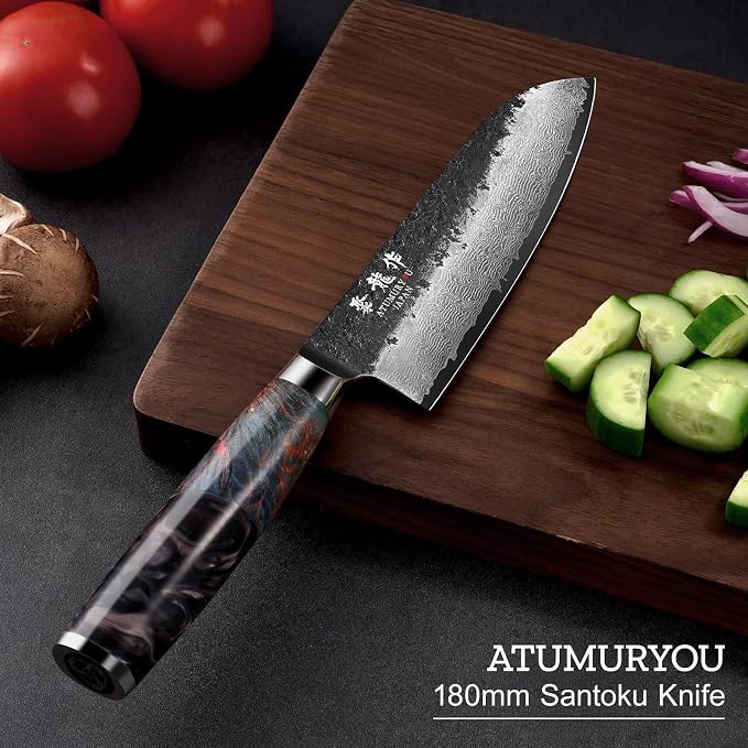 Japanese Chef Knife with VG10 Core, 7'' Razor Sharp Hand Forged Damascus Santoku Knife for Home & Professional Chefs, Kitchen Knives with Leather Sheath & Gift Box, Fathers Day Gift for Dad Husband