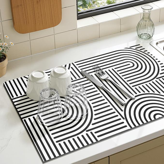 Findosom Dish Drying Mat, 12" x 20" Super Absorbent Dish Mat with Modern Geometric Striped, Hide Stain Drying Mat for Kitchen Counter, Under Dish Rack, Coffee Maker, Espresso Machine, Black & White