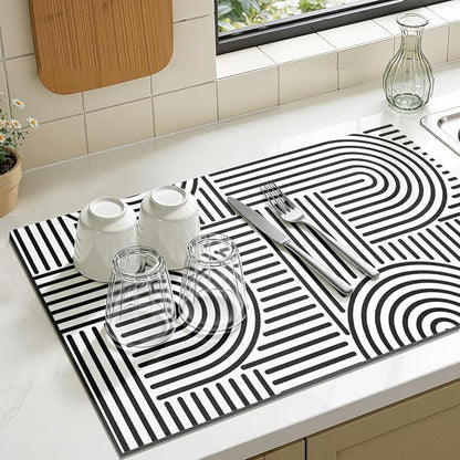 Findosom Dish Drying Mat, 12" x 20" Super Absorbent Dish Mat with Modern Geometric Striped, Hide Stain Drying Mat for Kitchen Counter, Under Dish Rack, Coffee Maker, Espresso Machine, Black & White