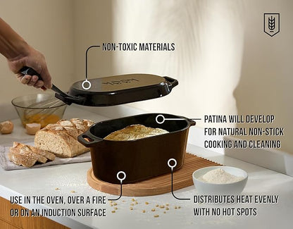 Kook Oval Dutch Oven, for Bread Baking, Sourdough Loaf Pan, with Lid, Dual Handles, Enameled Cast Iron, includes Lid Lever, Dishwasher Safe, 3.4 Qt, Black