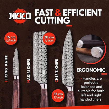 Jikko New Reinforced Carbon Steel Japanese Kitchen Knife Set – DiamondRazor Series – Ultra Sharp Japanese Knife Set & Chef Knife Set with Mahogany Wood Handles – Professional Chef's Knives