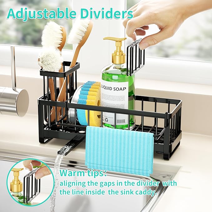 HapiRm Sponge Holder for Kitchen Sink - Self-draining Sink Caddy with Brush and Dishcloth Holder, Stainless Steel Sponge Caddy for Countertop - Black(Large)