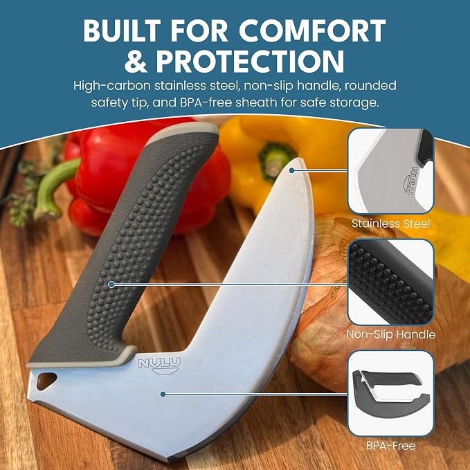 NULU Ergonomic Kitchen Knife for Arthritis & Weak Hands — Adaptive Multi-Grip, Low Strain, Chef's Knife with Sheath