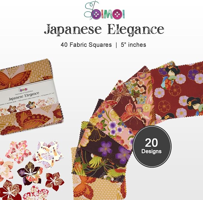Soimoi 40 Pcs 5 x 5 inches Quilting Fabric Bundles Precut, DIY Cotton Fabric Squares, Printed Layer Cakes Patchwork Materials for Crafts Cloths Decor,Charm Squares for Quilts,Sewing- Japanese Elegance