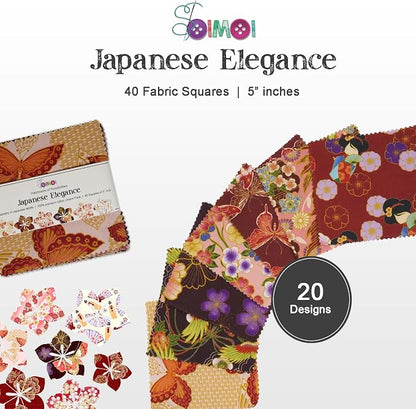Soimoi 40 Pcs 5 x 5 inches Quilting Fabric Bundles Precut, DIY Cotton Fabric Squares, Printed Layer Cakes Patchwork Materials for Crafts Cloths Decor,Charm Squares for Quilts,Sewing- Japanese Elegance