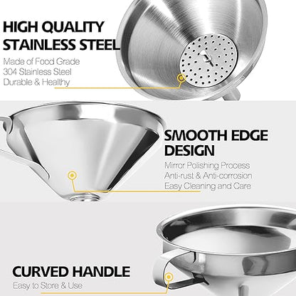 Anaeat 3 Pack Stainless Steel Kitchen Funnel Set, Multi-Use Premium Metal Food Grade Cooking Funnels with 2 Removable Strainer Filter for Transferring Liquid or Dry Ingredients & 1 Pc Cleaning Brush