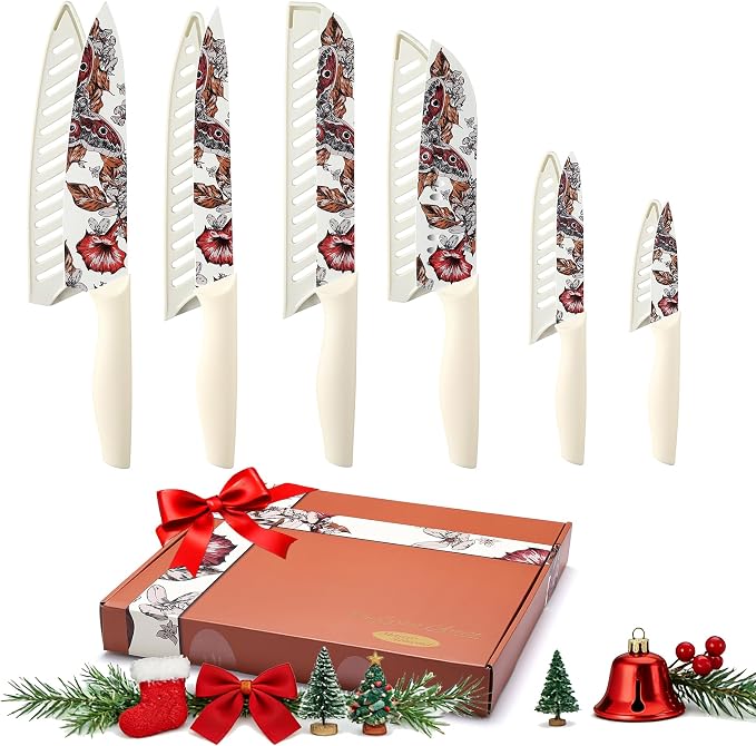 Marco Almond Knife Set Artistic Designed Pattern Kitchen Knife 6 Stainless Steel Kitchen Knives w 6 Blade Guards, Dishwasher Safe Knives for Family Kitchen Knives Set for Chefs