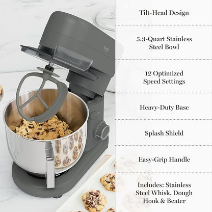 Martha Stewart 5.3Qt Stand Mixer, 12-Speed Tilt-Head Electric Kitchen Mixer with Stainless Steel Bowl, Dough Hook, Whisk & Beater, Splash Guard, Ideal for Baking Bread, Cake & Whipping, Caviar Gray
