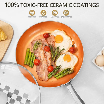 MICHELANGELO 12 Inch Frying Pan with Lid, Nonstick Copper Frying Pan, Non Stick Ceramic Skillet with Lid, Large Copper Pan Non-Stick, Induction Compatible