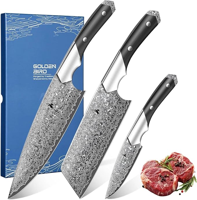 Golden Bird Damascus Kitchen Knife Set, 3 PCS Chef Knife Set Professional, Razor Sharp 67 Layers Damascus Japanese Knives Set for Kitchen with Wood Handle,Gifts for Men Women