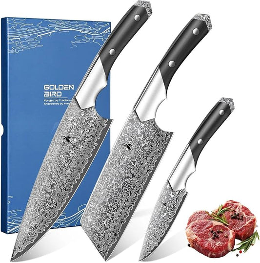 Golden Bird Damascus Kitchen Knife Set, 3 PCS Chef Knife Set Professional, Razor Sharp 67 Layers Damascus Japanese Knives Set for Kitchen with Wood Handle,Gifts for Men Women