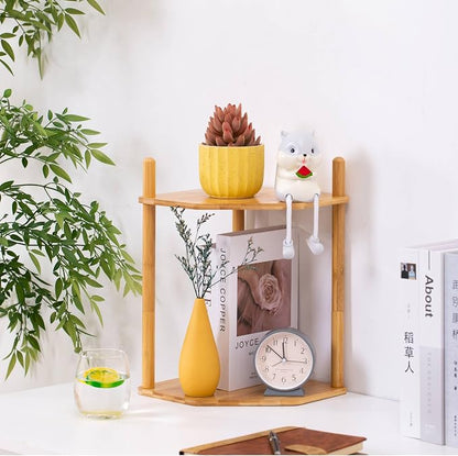 3-Tier Expandable Bamboo Corner Shelf - Dish/Plate Organizer for Cabinet, Kitchen Counter Shelf & Small Kitchen Shelf, Adjustable (11.4" H-Natural, 2-Tier)