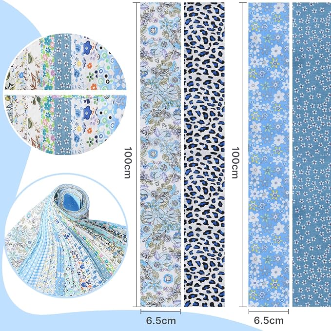 40 Pcs Jelly Roll Fabric Strips for Quilting, Sewing Supplies DIY Crafts-2.6 Inch Precut Cotton Fabric Bundles, Perfect for Quilt Projects Floral Patchwork Blue