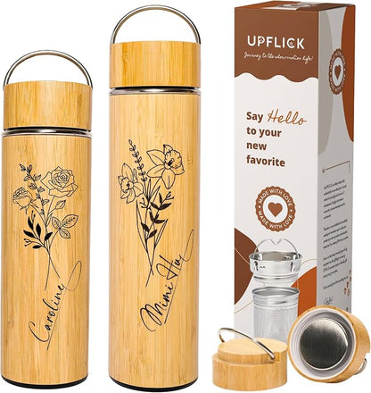 Custom Bamboo Water Bottle Personalized Bamboo Tumbler Engraved with Tea Infuser Insulated Bamboo Tea Infuser Mug Unique Gifts for Women, Mom, Coworkers (Birth Flower+Signature) (Style A)