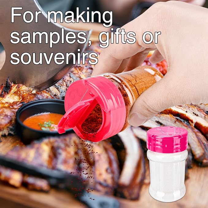 30 Pcs 2 oz Mini Plastic Spice Jars with Sifters Clear Empty Spice Bottles Round Seasoning Containers for Travel Kitchen (Pink Top with 2 Side Hole)