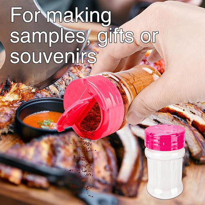 30 Pcs 2 oz Mini Plastic Spice Jars with Sifters Clear Empty Spice Bottles Round Seasoning Containers for Travel Kitchen (Pink Top with 2 Side Hole)