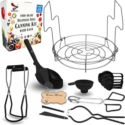Supa Ant Complete Canning Supplies Starter Kit – 10pc Food-Grade Steel Set with XL Ladle, 6 Measuring Cups, Jar Lifter, Funnel, Canning Rack (7-Jar Capacity) & 90 Labels – Beginner-Friendly, Black