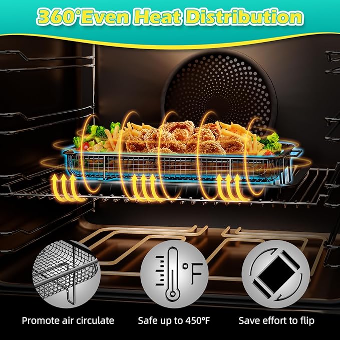 Air Fryer Basket for Oven, OPENICE 15.3" x 11.0" Air Fryer Tray and Pan Set with 30PCS Parchment Papers, Stainless Steel Oven Air Fryer Basket and Tray for Baking Grilling - Black