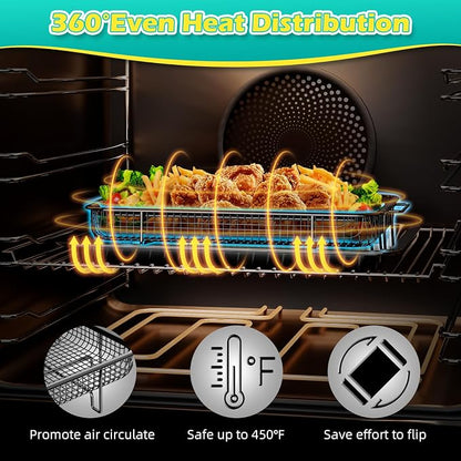 Air Fryer Basket, OPENICE 2 Set Air Fryer Pan and Crisper Tray for Oven, Non-stick Oven Air Fryer Basket for Baking and Crispy Foods - Black