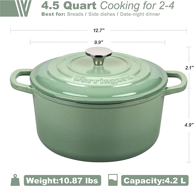 VORRINGARD Enameled Cast Iron Dutch Oven Pot with Lid, for Sourdough Bread Baking, Round Dutch Ovens, 4.5 Quart, Sage Green