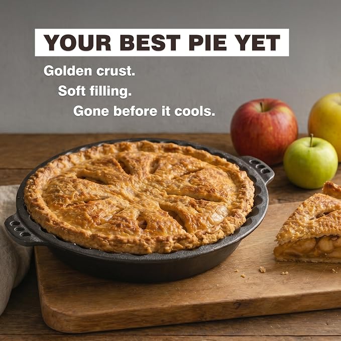 KUHA Cast Iron Pie Pan | Pre-Seasoned Round Cast Iron Pan for Apple, Pumpkin & Cherry Pies, Quiche & Tarts | For Baking & Serving | Silicone Trivet Included | 9", 2" Deep