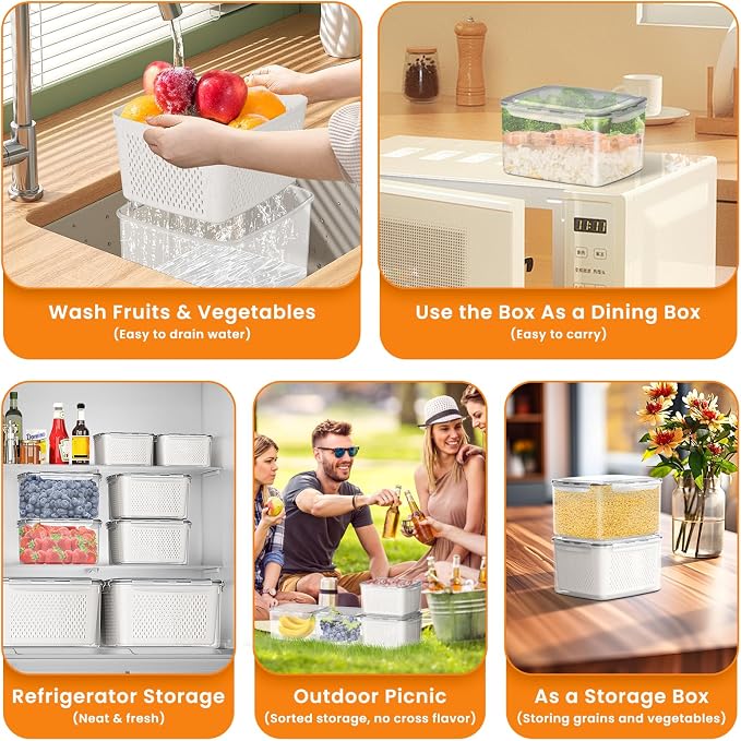 Fruit Storage Containers for Fridge - 5 PCS Poduce Containers for Fridge - with Removable Drain Basket - Keep Fruit Lettuce Berry Vegetables Meat Food Stay Fresher Longer