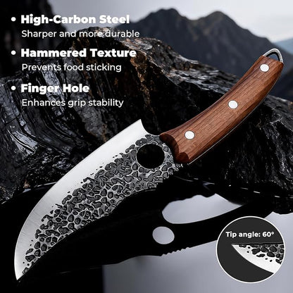 DiiHAUZZ Viking Chef Knife, 6 Inch Hand Forged High Carbon Steel - Ultra Sharp Butcher Boning Knife for BBQ Prep, Meat Cutting and Camping with Leather Sheath, Gifts for Men