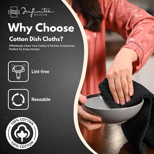 Infinitee Xclusives Premium Dish Cloth 100% Cotton 12 x 12 Inches |Pack of 4| - Ultra Soft Tea Towels - Highly Absorbent Kitchen Rags - Terry Dishcloth for Kitchen and Household Cleaning |Black|