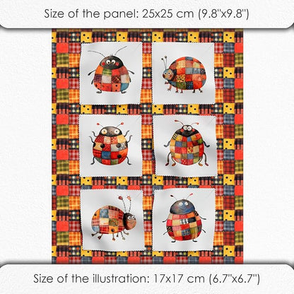 Patchwork Ladybug Cotton Fabric Panel – 6 Designs (10×10 inch Each) + Bonus Sheet 29.5×19.6 inch, 100% Cotton 140 GSM, Made in Türkiye