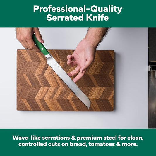 Misen Serrated Bread Knife - High-Carbon Japanese AUS8 Steel - Perfect for Soft Foods, Bread, Pastries, and Fruits - Verstatile Slicer, Razor-Sharp Edge, Durable Blade, Ergonomic Handle - 8", Green