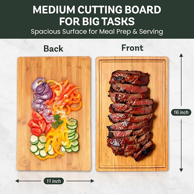 Bambüsi Large 16 Inch Bamboo Cutting Board with Juice Groove and Handles - Heavy Duty Butcher Block for Kitchen, Meat, Cheese, Vegetables, Food Prep and Serving