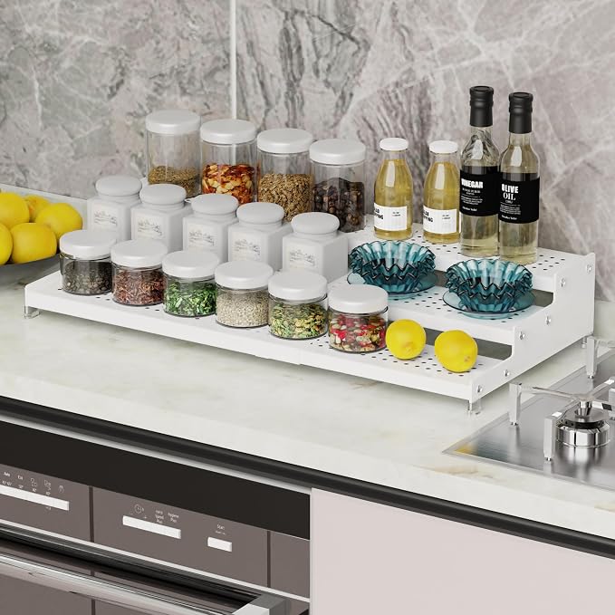 Expandable Spice Rack organizer with 3-Tier step shelf,Modern Design heavy duty,Non Skid and Visibility,Great for Kitchen Cabinet,Bathroom,dressing table,Cupboard, Pantry and more(1PACK/WHITE)