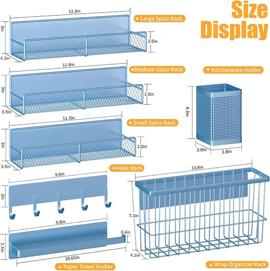 Magnetic Spice Rack for Refrigerator, 7 Pack Metal Magnetic Shelf, Moveable Magnetic Storage Fridge Organizer, Spice Organizer, Hook Rack, Paper Towel Holder, Utensils and Cutting Board Holder, Blue
