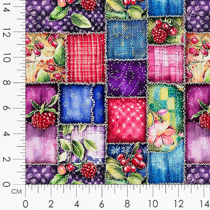 Patchwork Berry Jar Cotton Fabric Panel – 6 Designs (10×10 inch Each) + Bonus Sheet 29.5×19.6 inch, 100% Cotton 140 GSM, Made in Türkiye