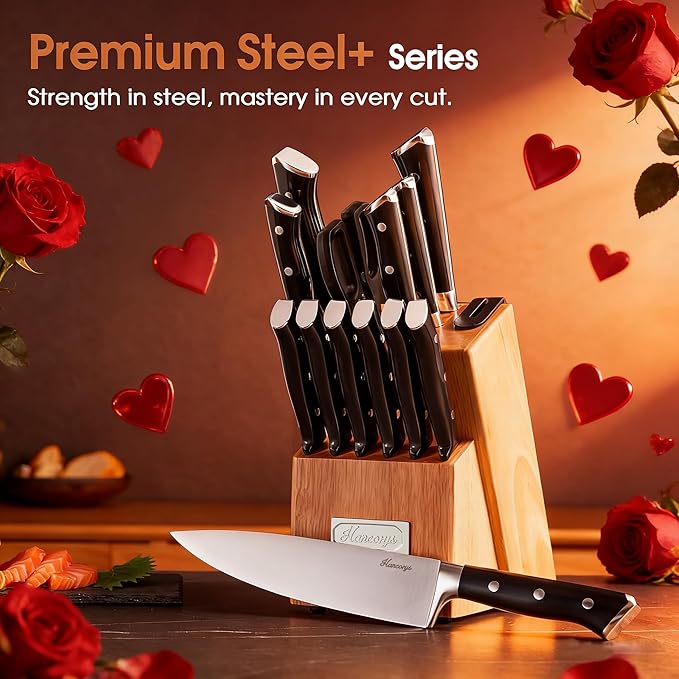 Knife Block Set, 15 Pcs Kitchen Knife Set, Enduring Ultra Sharp High Carbon German Stainless Steel Chef Knives Set with Built-In Sharpener, Full Tang Ergonomic Handle, Black