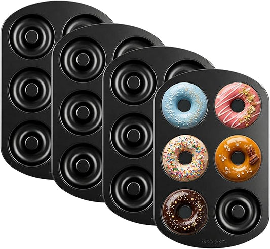 NutriChef Nonstick Donut Pans for Baking | 6 Durable & Easy to Clean Doughnut Molds | Fits Full-Sized Doughnuts | Oven Safe Up To 450F | Bake Perfect Donuts & Bagels | 12.5 x 8.5 Donut Trays | 4 Pack