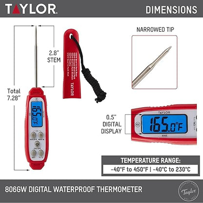 Taylor Digital Instant Read Meat Thermometer for GLP-1 High Protein Meal Prep – Waterproof Kitchen Probe for Chicken, Steak, Lean Cuts, Grill, BBQ – Fast Temperature Check, Blue Backlight Display, Red