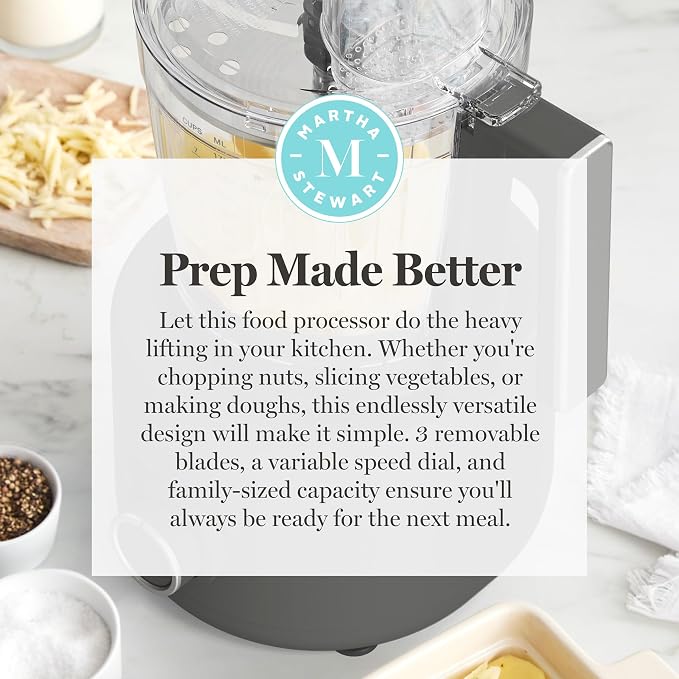 Martha Stewart Food Processor, 10-Cup Electric Chopper for Slicing, Shredding, Mincing and Puree, BPA-Free Twist & Lock Bowl, 3 Multipurpose Blades, Variable Speed Dial, Wide Feed Chute, Caviar Gray