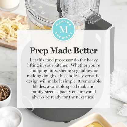 Martha Stewart Food Processor, 10-Cup Electric Chopper for Slicing, Shredding, Mincing and Puree, BPA-Free Twist & Lock Bowl, 3 Multipurpose Blades, Variable Speed Dial, Wide Feed Chute, Caviar Gray
