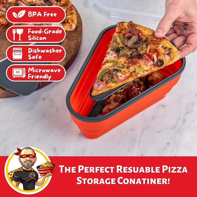 PIZZA PACK The Perfect Reusable Pizza Storage with 5 Microwavable Serving Tray - BPA-Free Adjustable Pizza Slice Container Space Saver, 2 Pack, Red