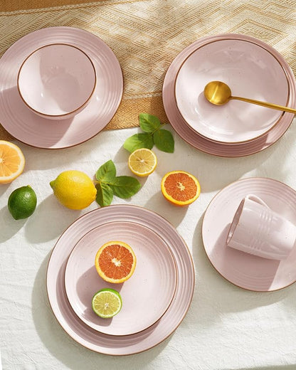 Famiware Jupiter 12-Piece Stoneware Dinnerware Set, Handcrafted Plates and Bowls with Speckles & Embossed Swirls, Chip/Scratch Resistant, Microwave/Dishwasher Safe, Modern Dishes, Service for 4, Pink