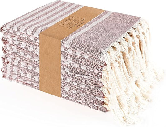 TWINY threads Set of 6 100% Cotton Turkish Kitchen Towels with Hanging Loop & Tassels (18" X 28") | Ultra Washcloth with Fringes | Reusable Hand Towels - Burgundy Wine