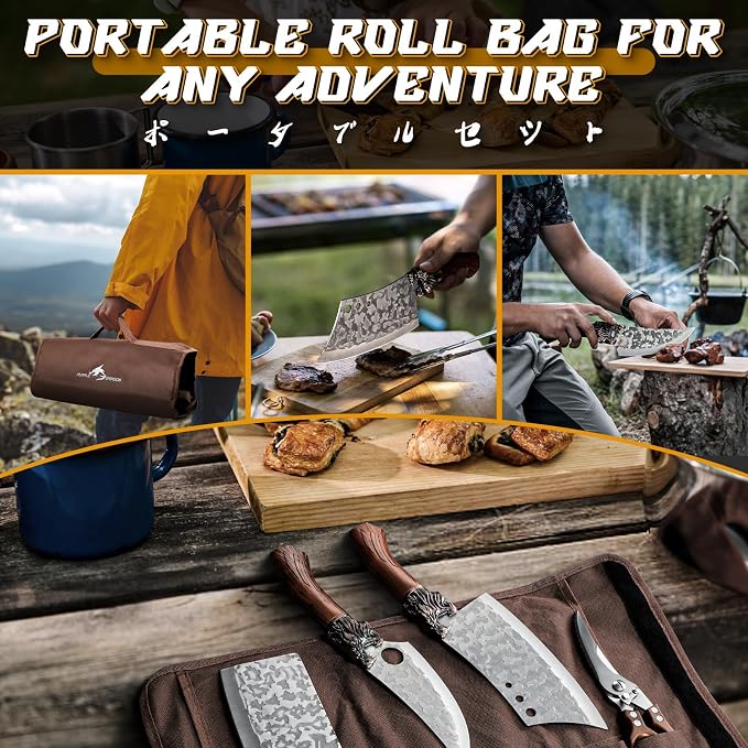 Purple Dragon Butcher Knife Set Tiger-Head, 8 PCS Japanese Chef Knife Set with Roll Bag, Meat Cleaver Boning Viking Knives, Sharp Kitchen Knives for Home, Outdoor, Camping BBQ Christmas Gift for Men