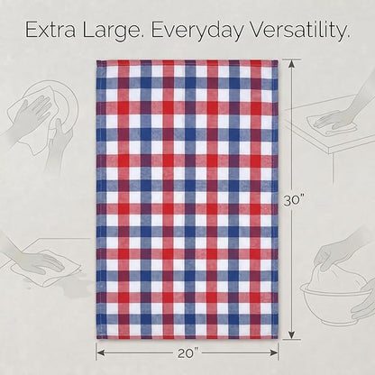 Urban Villa July 4th KitchenTowels Red/Blue/White DishTowels 100% Cotton (Set of 6) 20X30 Inches Buffalo Checks Highly Absorbent Soft Durable Reusable & Washable Kitchen Towels