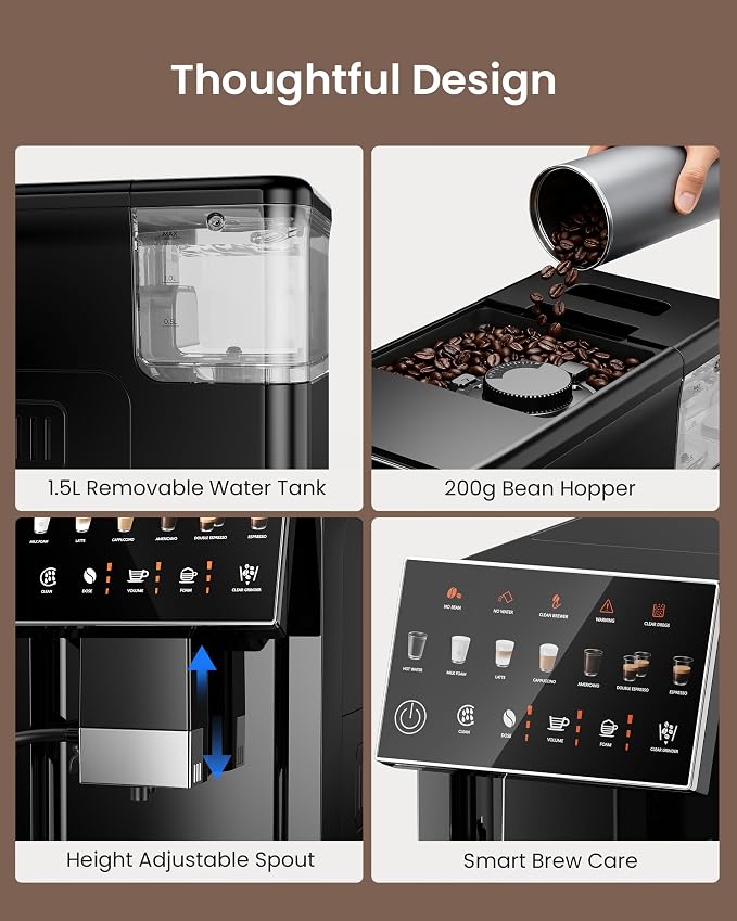 Fully Automatic Espresso Machine with Grinder, 20 Bar Coffee Maker with Milk Frother, Touchscreen Espresso Machine for Cappuccino, Latte & Americano, 15 Grind Settings, Self-Cleaning (Black)