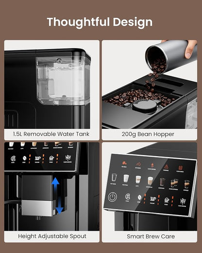 Fully Automatic Espresso Machine with Grinder, 20 Bar Coffee Maker with Milk Frother, Touchscreen Espresso Machine for Cappuccino, Latte & Americano, 15 Grind Settings, Self-Cleaning (Black)